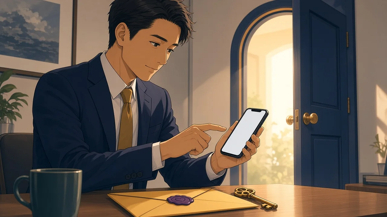 A newcomer reviewing a phone beside an open doorway