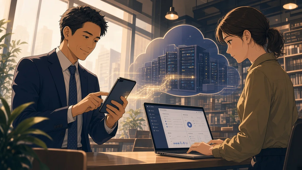 Two people discussing a cloud-connected assistant workspace