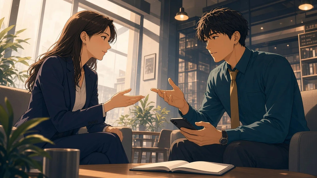 Two people discussing questions beside a notebook and phone