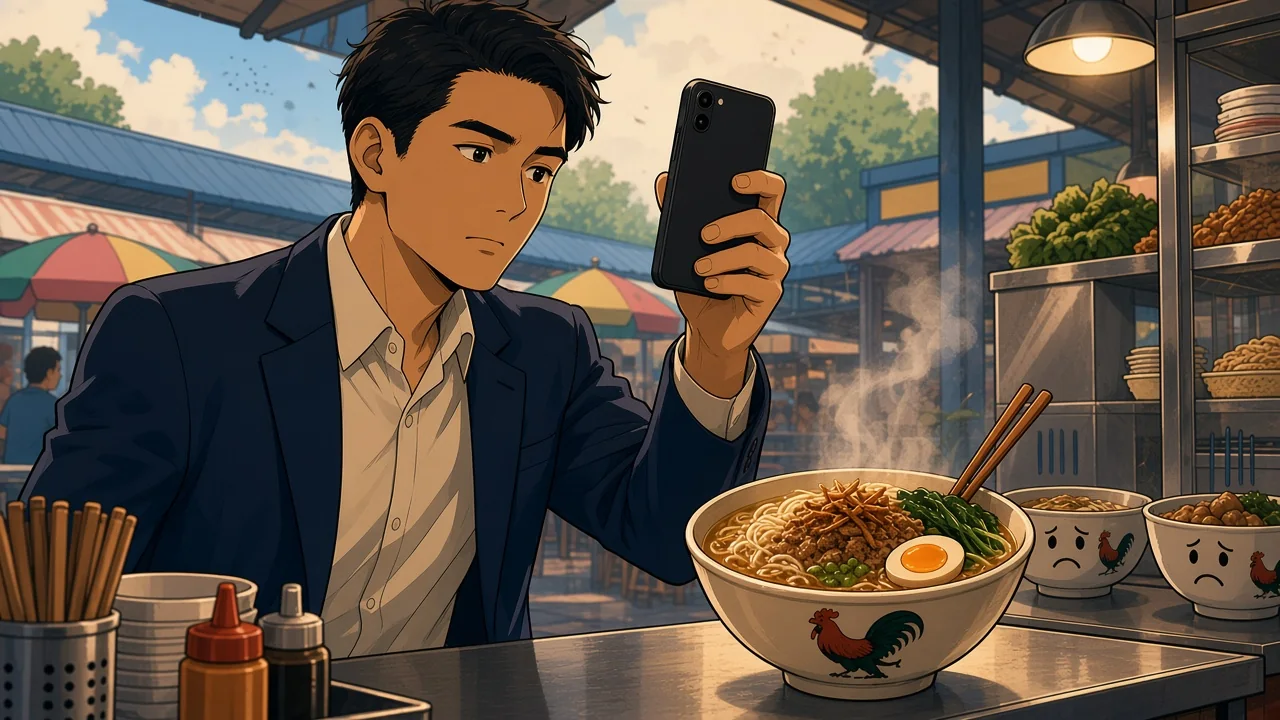 A diner checking a phone beside a noodle bowl