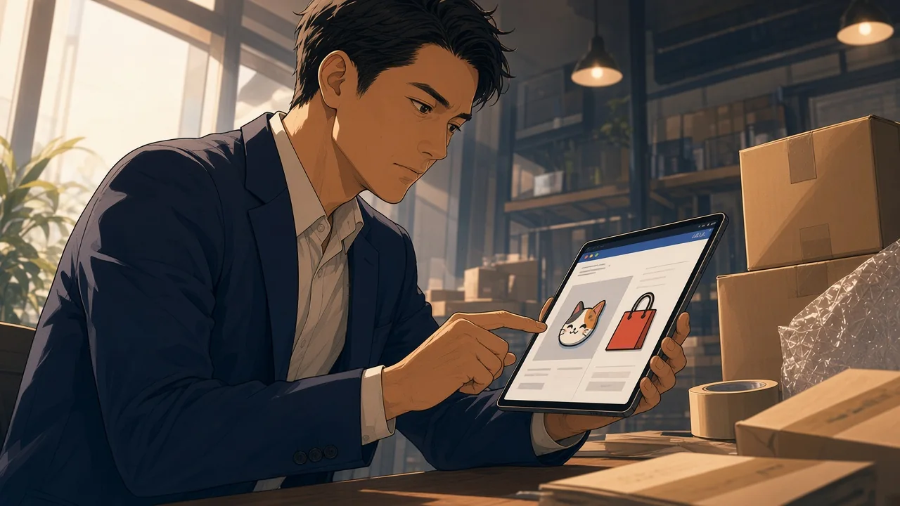 A shop owner reviewing an order page beside parcels