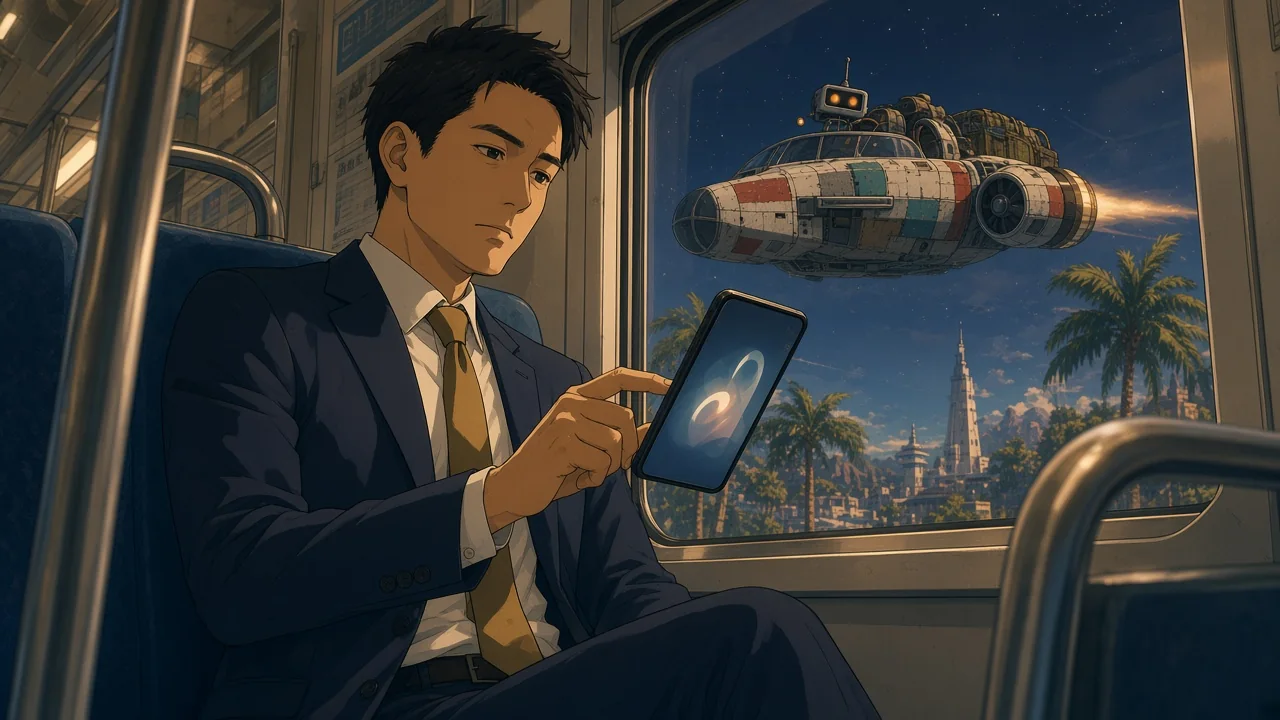 A commuter enjoying a space adventure on a phone